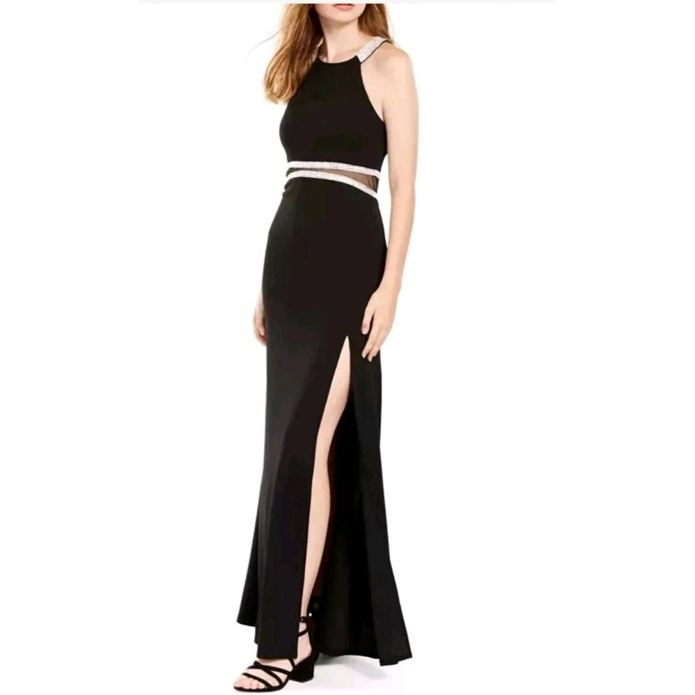Black High Neck Rhinestone Cutout Maxi Dress with Slit